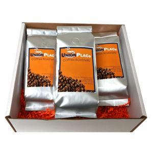 A gift box with 3 pounds of fresh locally roasted coffee. Union Place Coffee Roasters.