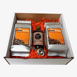 Coffee and coffee syrup gift box from Union Place Coffee Roasters