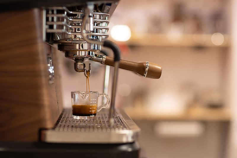 A shot of espresso brewing at Union Place Coffee Roasters