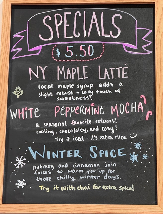 Specialty coffee menu at Union Place Coffee Roasters